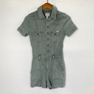 GUESS Lara Denim Short Sleeve Romper Pockets Stretchy Casual Jean Collared‎